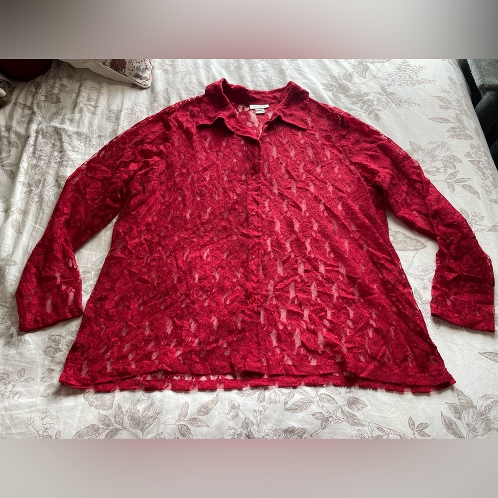 Vintage 90s‎ Red Floral Lace Sheer Button Up Shirt 2X Whimsigoth Vamp Academia